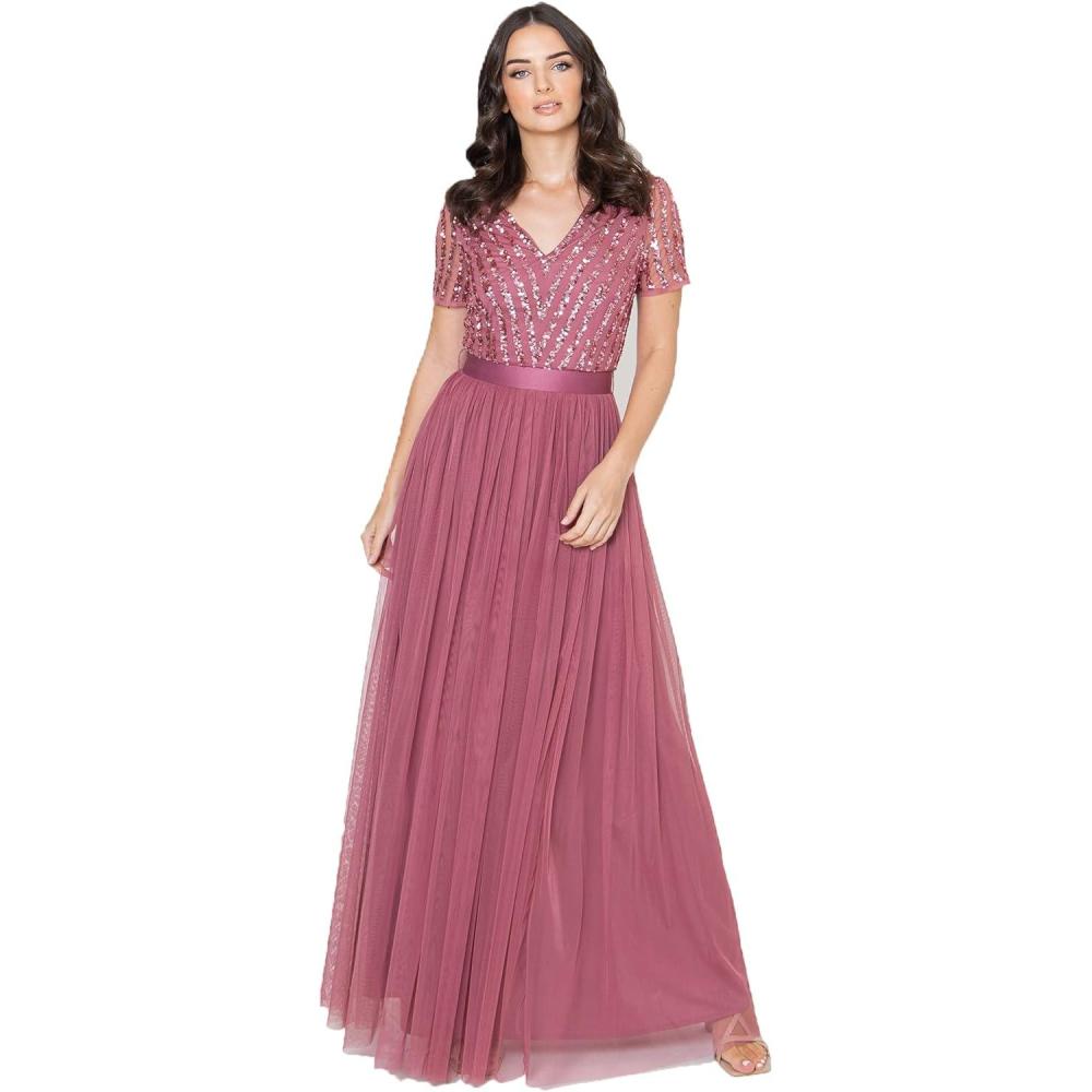 imageMaya Deluxe Maya Deluxe Misty Green Robe Longue Rayures Manches Courtes Robe de Demoiselle dhonneur FemmeDesert Rose