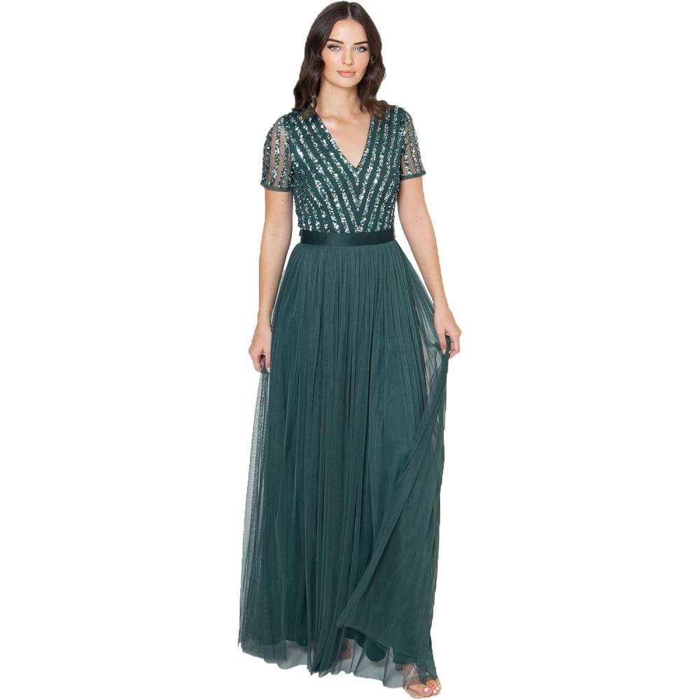 imageMaya Deluxe Maya Deluxe Misty Green Robe Longue  Rayures  Manches Courtes Robe de Demoiselle dhonneur FemmeEmerald Green