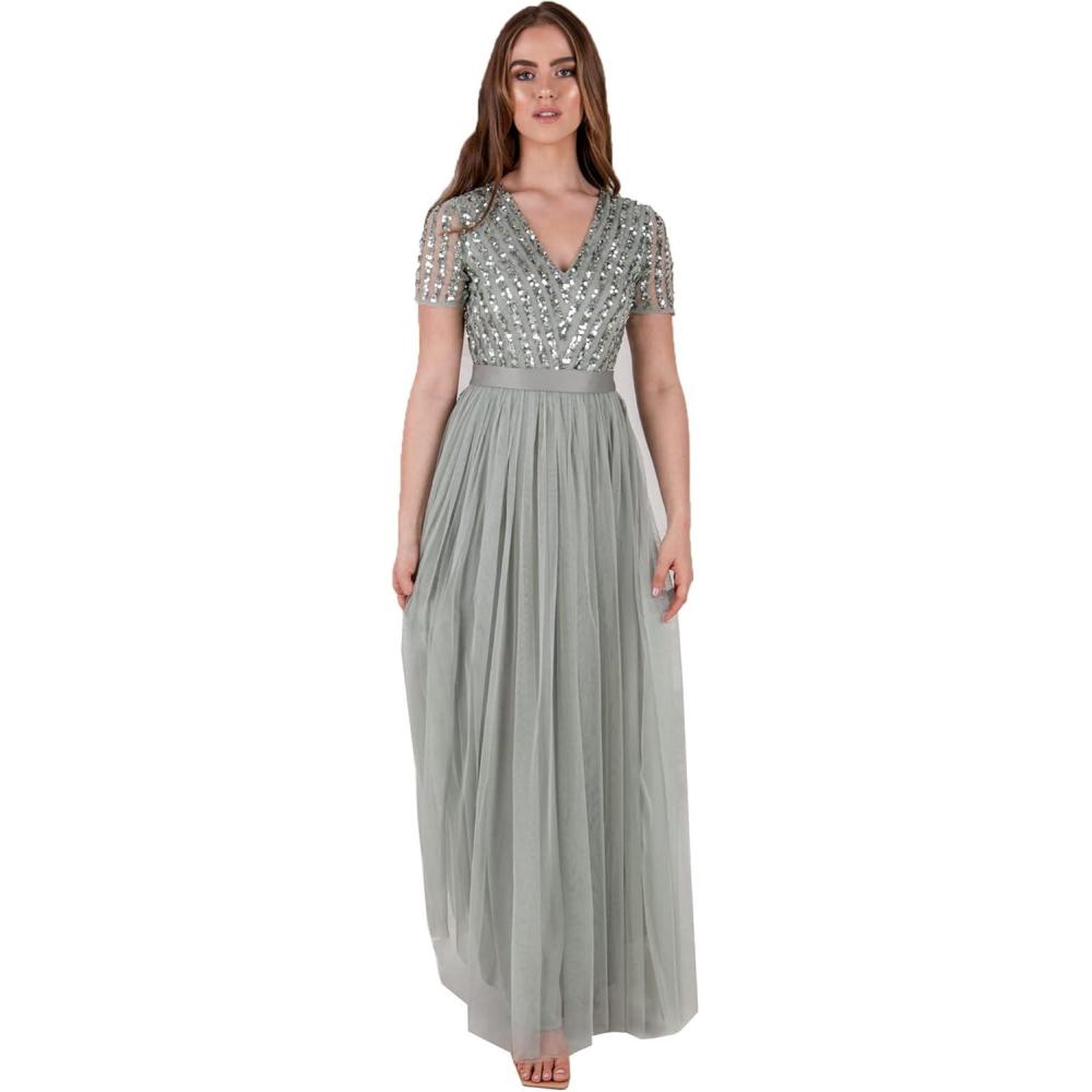 imageMaya Deluxe Maya Deluxe Misty Green Robe Longue Rayures Manches Courtes Robe de Demoiselle dhonneur FemmeLys Vert