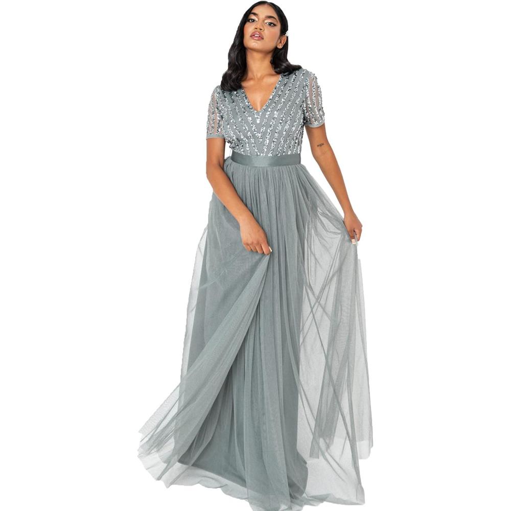 imageMaya Deluxe Maya Deluxe Misty Green Robe Longue Rayures Manches Courtes Robe de Demoiselle dhonneur FemmeVert Bruyant