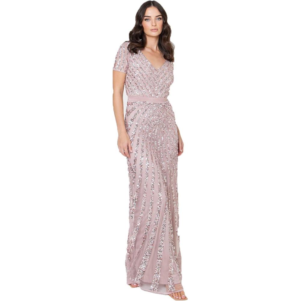 imageMaya Deluxe Robe de Soire Femme Maxi Paillettes Taille Haute Empire Col V pour Bal de Promo Mariage MarieFrosted Pink
