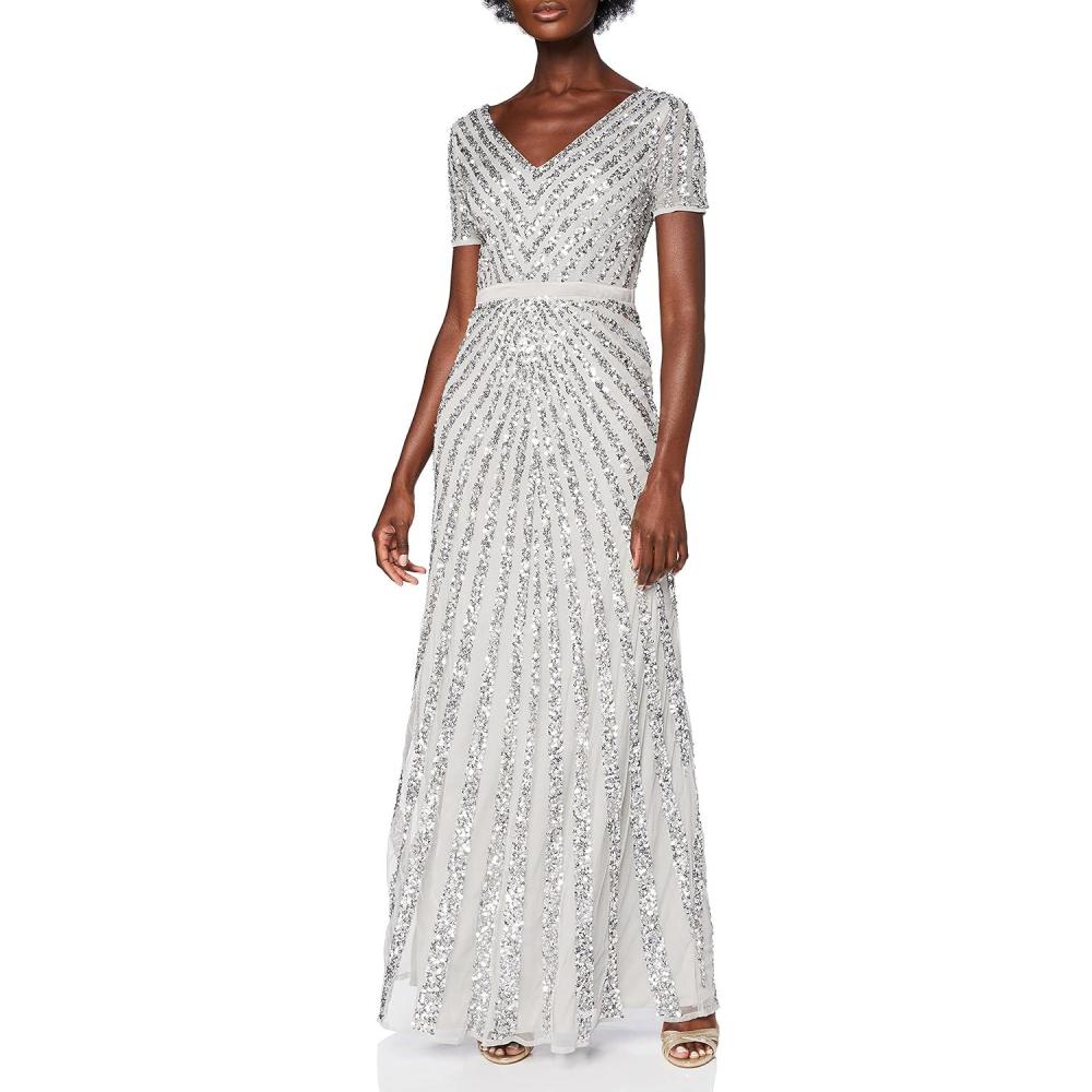 imageMaya Deluxe Robe de Soire Femme Maxi Paillettes Taille Haute Empire Col V pour Bal de Promo Mariage MarieGris