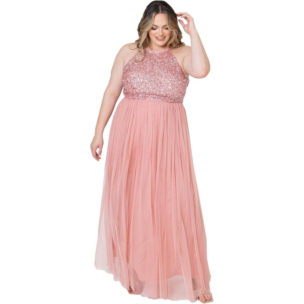 imageMaya Deluxe Robe de Soire Femme Maxi Col Licou Robe de Soire Paillettes Robe Longue Femme pour Bal de Promo MariageFleurs