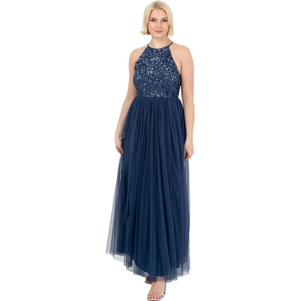 imageMaya Deluxe Robe de Soire Femme Maxi Col Licou Robe de Soire Paillettes Robe Longue Femme pour Bal de Promo MariageFrench Navy