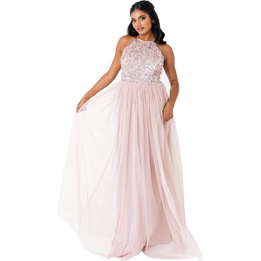 imageMaya Deluxe Robe de Soire Femme Maxi Col Licou Robe de Soire Paillettes Robe Longue Femme pour Bal de Promo MariageRose