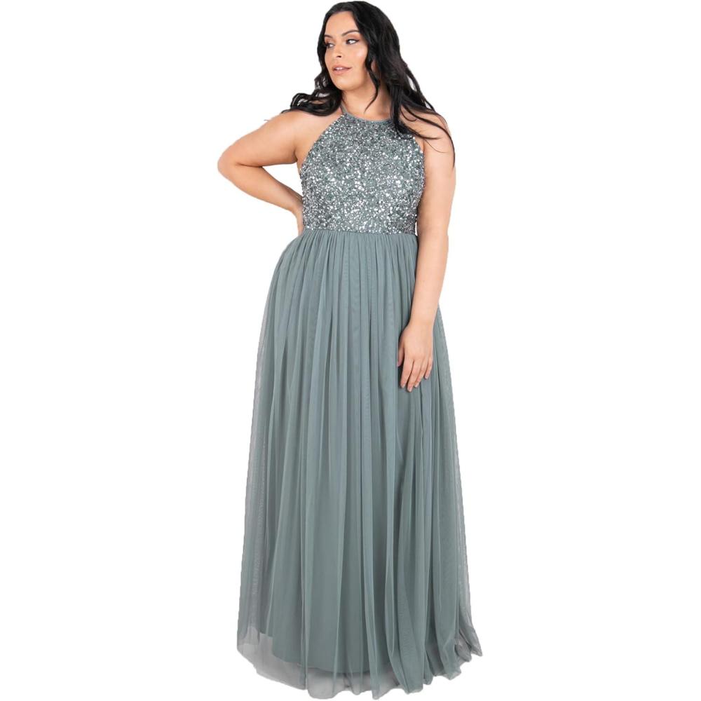 imageMaya Deluxe Robe de Soire Femme Maxi Col Licou Robe de Soire Paillettes Robe Longue Femme pour Bal de Promo MariageVert Bruyant