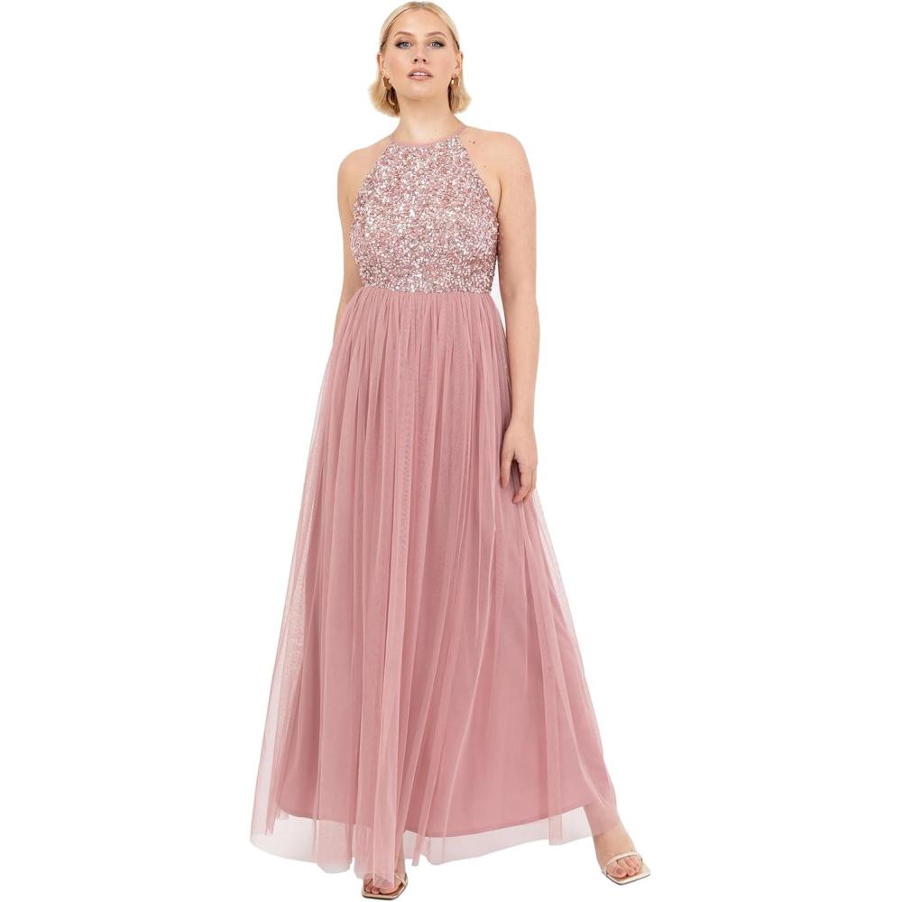 imageMaya Deluxe Robe de Soire Femme Maxi Col Licou Robe de Soire Paillettes Robe Longue Femme pour Bal de Promo MariageVintage Rose