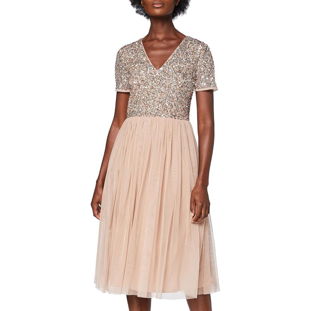 imageMaya Deluxe Robe de Soire Midi Orne avec Col en V et Manches Courtes pour Femme Demoiselle dhonneurBlush Taupe