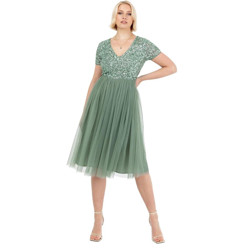 imageMaya Deluxe Robe de Soire Midi Orne avec Col en V et Manches Courtes pour Femme Demoiselle dhonneurDeep Mint