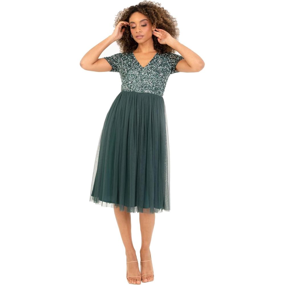 imageMaya Deluxe Robe de Soire Midi Orne avec Col en V et Manches Courtes pour Femme Demoiselle dhonneurEmerald Green