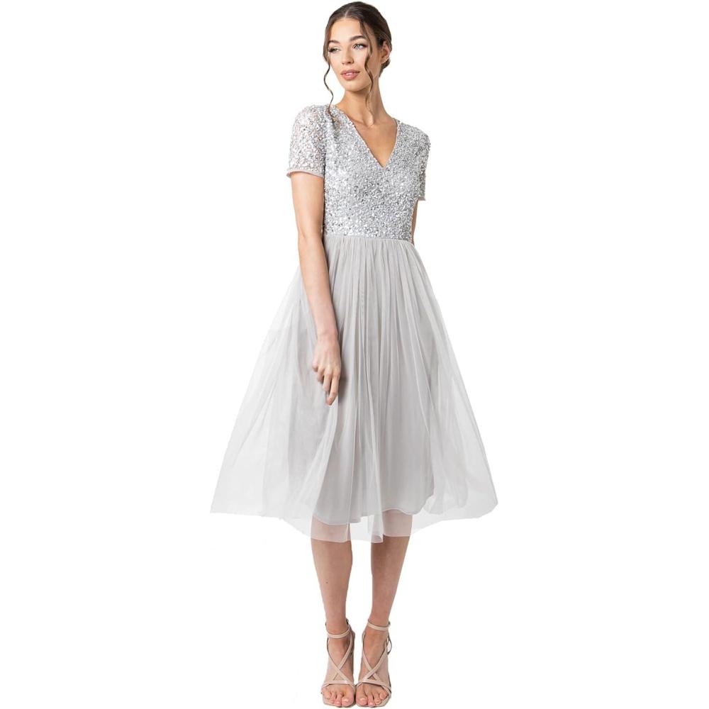 imageMaya Deluxe Robe de Soire Midi Orne avec Col en V et Manches Courtes pour Femme Demoiselle dhonneurGris Clair