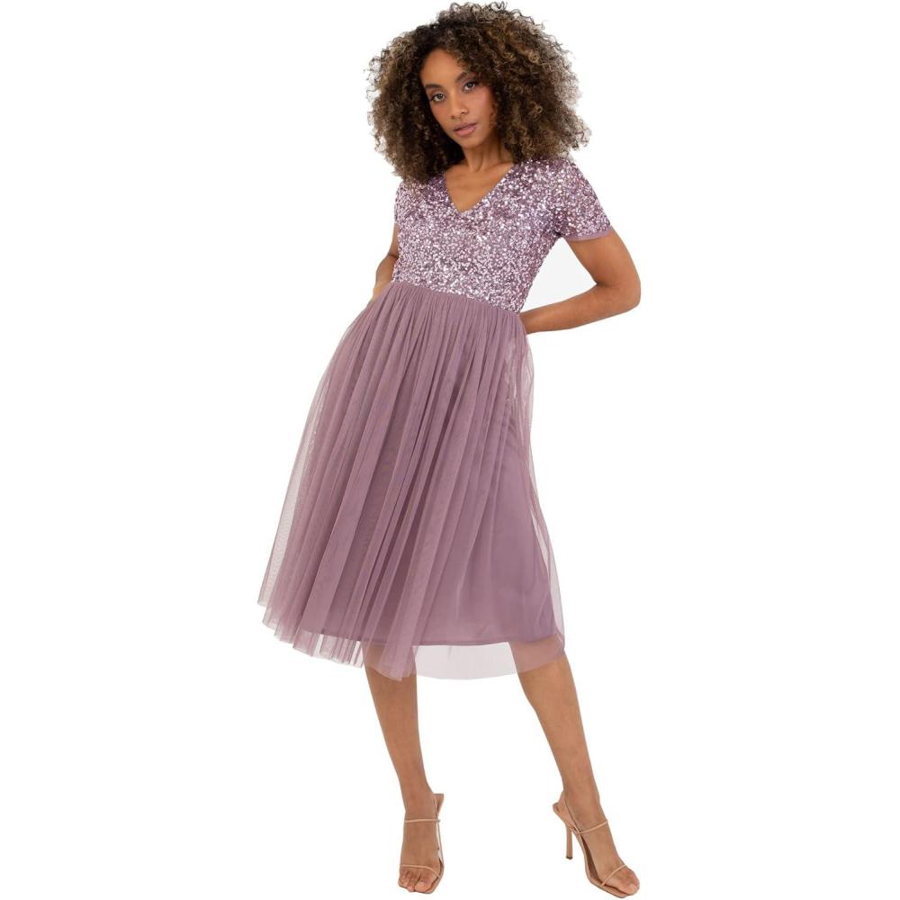 imageMaya Deluxe Robe de Soire Midi Orne avec Col en V et Manches Courtes pour Femme Demoiselle dhonneurMoody Lilac