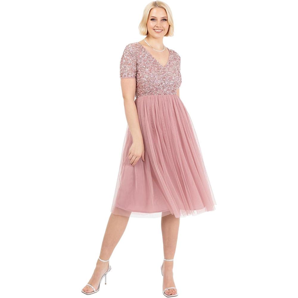 imageMaya Deluxe Robe de Soire Midi Orne avec Col en V et Manches Courtes pour Femme Demoiselle dhonneurVintage Rose