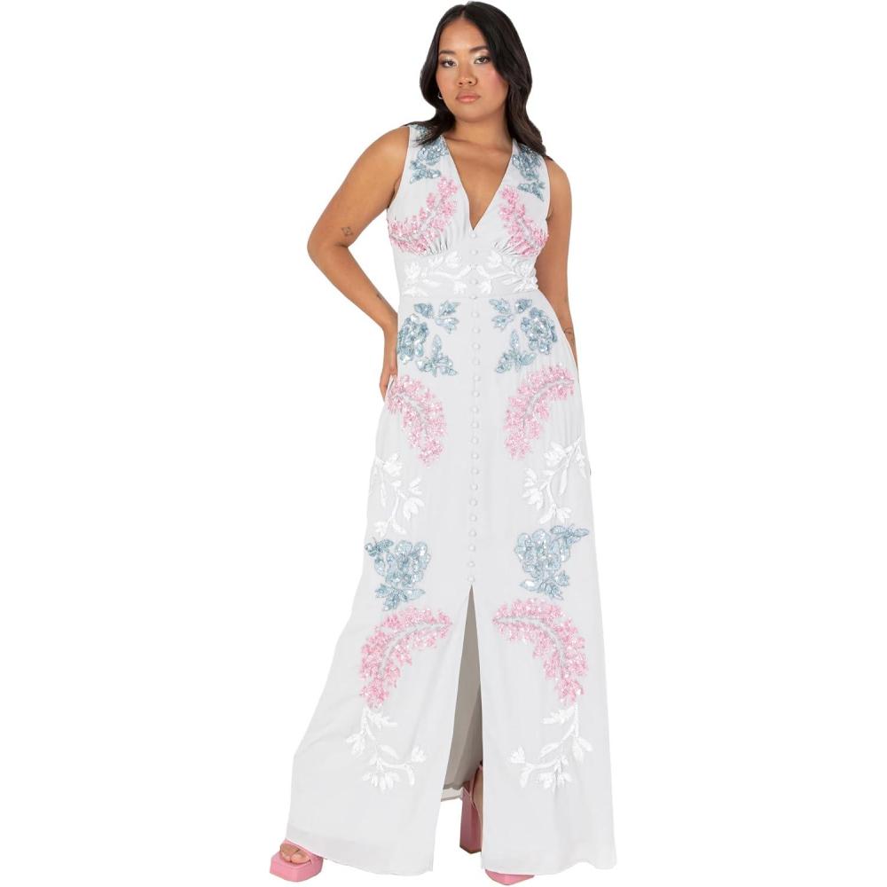 imageMaya Deluxe Womens Ladies Maxi Dress VNeckline Sleeveless Floral Sequin Embellished Button Front Slit for Wedding Guest Occasion Robe FemmeGlacier Grey