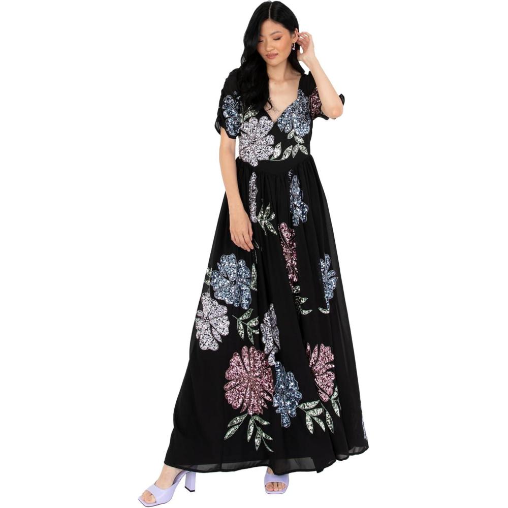 imageMaya Deluxe Womens Maxi Dress Ladies Embellished Floral Sweetheart Neckline for Wedding Guest Bridesmaid Occasion Prom Ball Gown Robes FemmeNoir