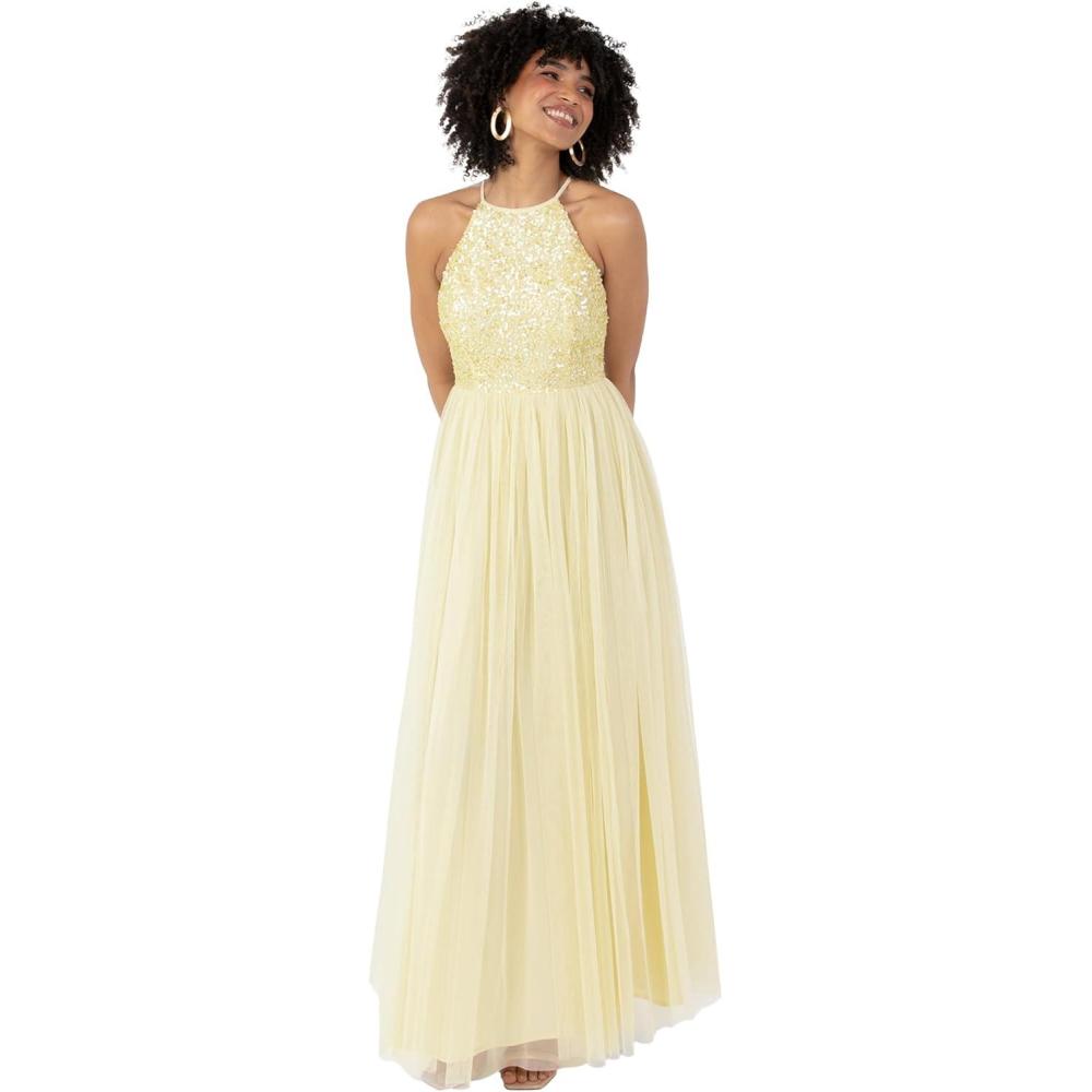 imageMaya Deluxe de Soire Femme Maxi Col Licou de Soire Paillettes Robe Longue Femme pour Bal de Promo MariageCitron