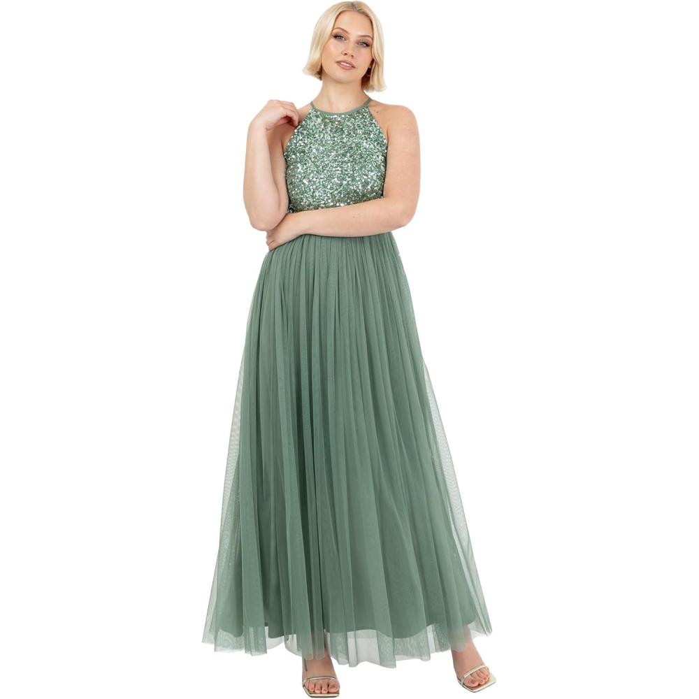 imageMaya Deluxe de Soire Femme Maxi Col Licou de Soire Paillettes Robe Longue Femme pour Bal de Promo MariageDeep Mint