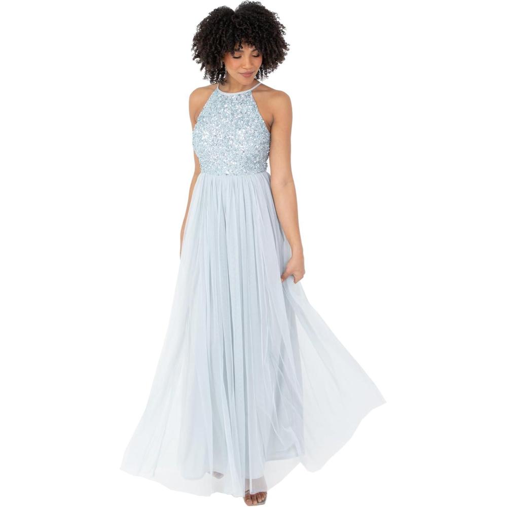 imageMaya Deluxe de Soire Femme Maxi Col Licou de Soire Paillettes Robe Longue Femme pour Bal de Promo MariageIce Blue