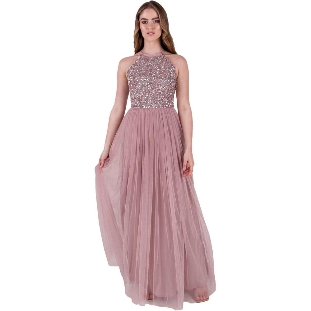 imageMaya Deluxe de Soire Femme Maxi Col Licou de Soire Paillettes Robe Longue Femme pour Bal de Promo MariageRose