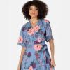 Anaya with Love Women&rsquo;s Maxi Dress Ladies Wrap Short Angel Sleeves V-Neck Floral Waist Tie for Wedding Guest Occasion Evening Prom Ball Robe Femme (Lot de 1)(Bleu)