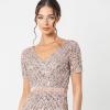 Maya Deluxe Robe de Soirée Femme Maxi, à Paillettes, Taille Haute Empire, Col V, pour Bal de Promo, Mariage, Mariée(Blush Taupe)