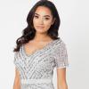 Maya Deluxe Robe de Soirée Femme Maxi, à Paillettes, Taille Haute Empire, Col V, pour Bal de Promo, Mariage, Mariée(Gris)