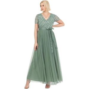 Maya Deluxe Maya Deluxe Misty Green Robe Longue À Rayures À Manches Courtes Robe de Demoiselle d&rsquo;honneur Femme(Deep Mint)