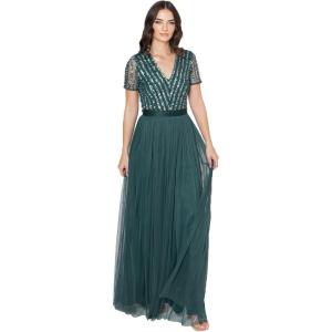 Maya Deluxe Maya Deluxe Misty Green Robe Longue À Rayures À Manches Courtes Robe de Demoiselle d&rsquo;honneur Femme(Emerald Green)