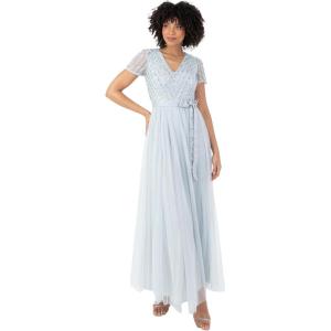 Maya Deluxe Maya Deluxe Misty Green Robe Longue À Rayures À Manches Courtes Robe de Demoiselle d&rsquo;honneur Femme(Ice Blue)