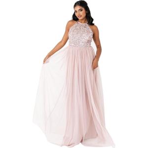 Maya Deluxe Robe de Soirée Femme Maxi Col Licou Robe de Soirée à Paillettes, Robe Longue Femme pour Bal de Promo Mariage(Rose)