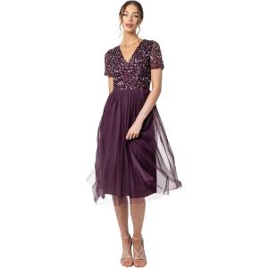 Maya Deluxe Robe de Soirée Midi Ornée avec Col en V et Manches Courtes pour Femme Demoiselle d&rsquo;honneur(Berry)
