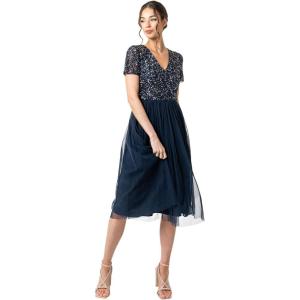 Maya Deluxe Robe de Soirée Midi Ornée avec Col en V et Manches Courtes pour Femme Demoiselle d&rsquo;honneur(Bleu Marine)