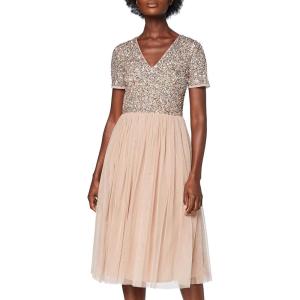 Maya Deluxe Robe de Soirée Midi Ornée avec Col en V et Manches Courtes pour Femme Demoiselle d&rsquo;honneur(Blush Taupe)