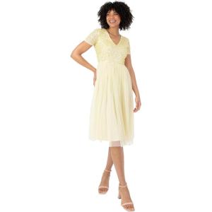 Maya Deluxe Robe de Soirée Midi Ornée avec Col en V et Manches Courtes pour Femme Demoiselle d&rsquo;honneur(Citron)