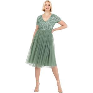 Maya Deluxe Robe de Soirée Midi Ornée avec Col en V et Manches Courtes pour Femme Demoiselle d&rsquo;honneur(Deep Mint)