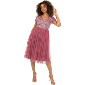 Maya Deluxe Robe de Soirée Midi Ornée avec Col en V et Manches Courtes pour Femme Demoiselle d&rsquo;honneur(Desert Rose)