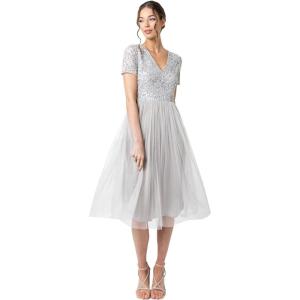 Maya Deluxe Robe de Soirée Midi Ornée avec Col en V et Manches Courtes pour Femme Demoiselle d&rsquo;honneur(Gris Clair)