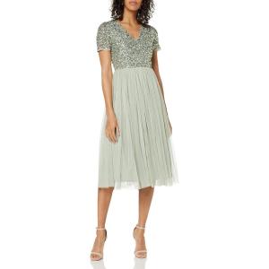 Maya Deluxe Robe de Soirée Midi Ornée avec Col en V et Manches Courtes pour Femme Demoiselle d&rsquo;honneur(Lys Vert.)