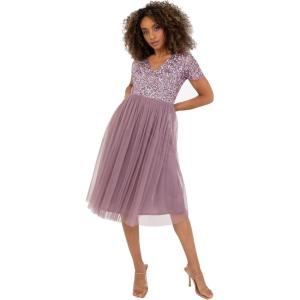 Maya Deluxe Robe de Soirée Midi Ornée avec Col en V et Manches Courtes pour Femme Demoiselle d&rsquo;honneur(Moody Lilac)