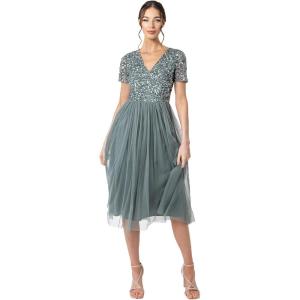 Maya Deluxe Robe de Soirée Midi Ornée avec Col en V et Manches Courtes pour Femme Demoiselle d&rsquo;honneur(Vert Bruyant.)