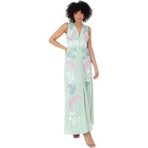 Maya Deluxe Women&rsquo;s Ladies Maxi Dress V-Neckline Sleeveless Floral Sequin Embellished Button Front Slit for Wedding Guest Occasion Robe Femme(Mint Green)
