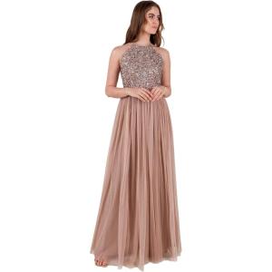 Maya Deluxe de Soirée Femme Maxi Col Licou de Soirée à Paillettes, Robe Longue Femme pour Bal de Promo Mariage(Blush Taupe)