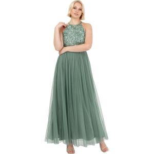 Maya Deluxe de Soirée Femme Maxi Col Licou de Soirée à Paillettes, Robe Longue Femme pour Bal de Promo Mariage(Deep Mint)
