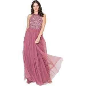 Maya Deluxe de Soirée Femme Maxi Col Licou de Soirée à Paillettes, Robe Longue Femme pour Bal de Promo Mariage(Desert Rose)