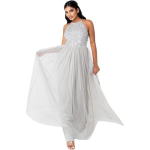 Maya Deluxe de Soirée Femme Maxi Col Licou de Soirée à Paillettes, Robe Longue Femme pour Bal de Promo Mariage(Gris Clair)