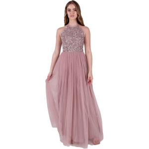 Maya Deluxe de Soirée Femme Maxi Col Licou de Soirée à Paillettes, Robe Longue Femme pour Bal de Promo Mariage(Rose)