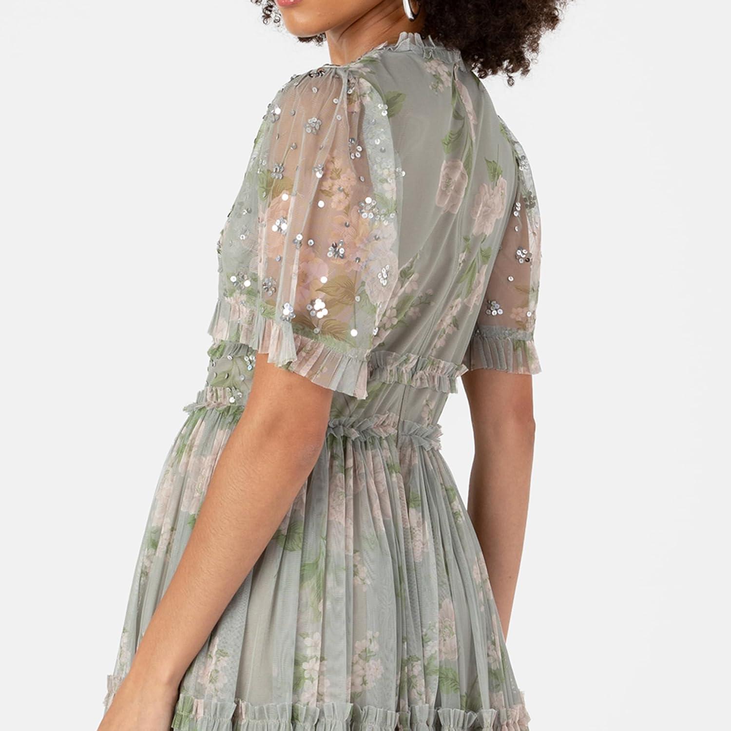 imageAnaya with Love Womens Maxi Dress Ladies VNeck Short Angel Sleeves Tiered Ruffle for Bridesmaid Wedding Guest Occasion Prom Ball Gown Robe FemmeFloral Sage Green