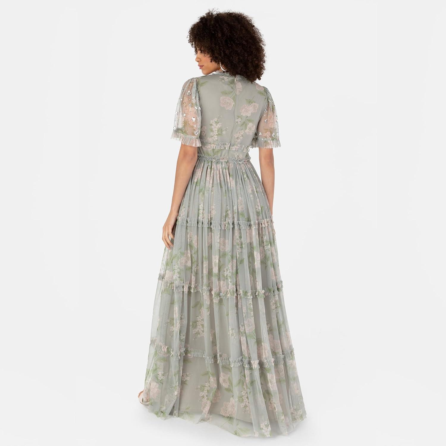 imageAnaya with Love Womens Maxi Dress Ladies VNeck Short Angel Sleeves Tiered Ruffle for Bridesmaid Wedding Guest Occasion Prom Ball Gown Robe FemmeFloral Sage Green