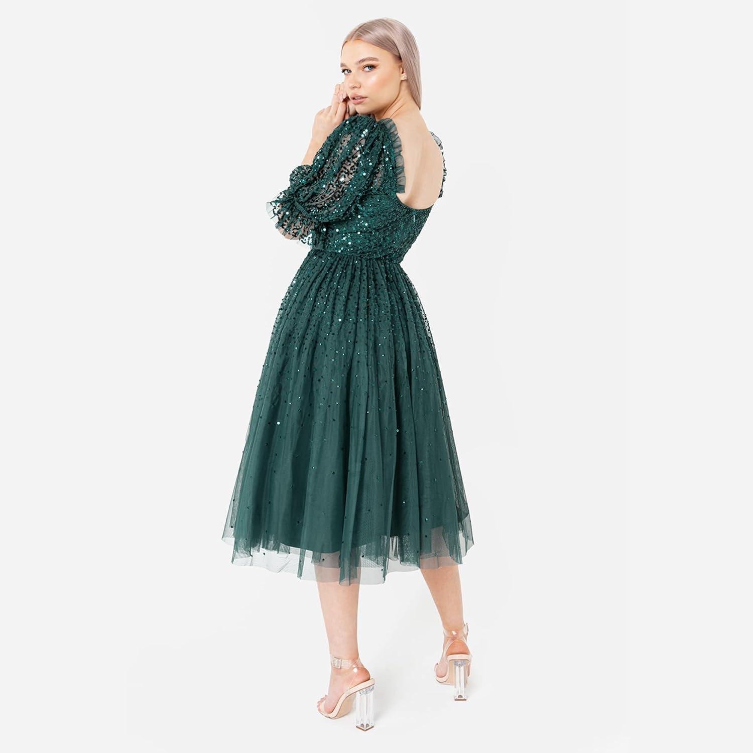 imageMaya Deluxe Ladies Dress for Women Midi Sequin Embellished Frilly Sweetheart Neckline Puffed Sleeves for Wedding Guest Prom Evening Robe Femme Lot de 1Emerald Green