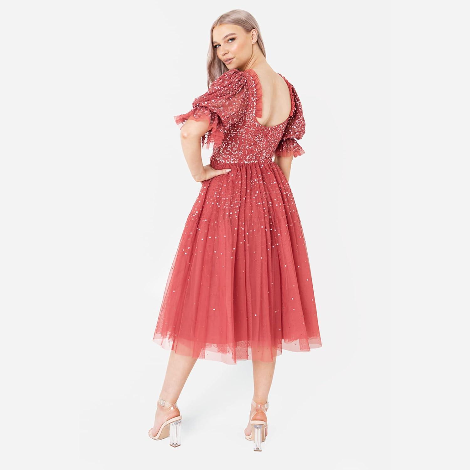 imageMaya Deluxe Ladies Dress for Women Midi Sequin Embellished Frilly Sweetheart Neckline Puffed Sleeves for Wedding Guest Prom Evening Robe Femme Lot de 1Vermillion
